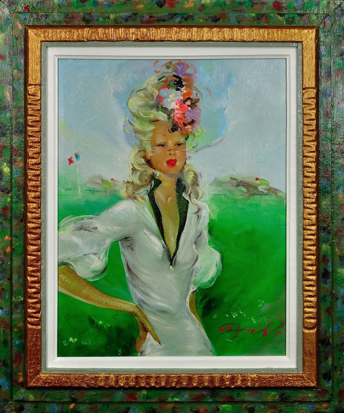 Dans l'entourage de Jean-Gabriel Domergue, 1889-1962. Peinture à l'huile encadrée, années 1950, représentant une élégante aux courses.