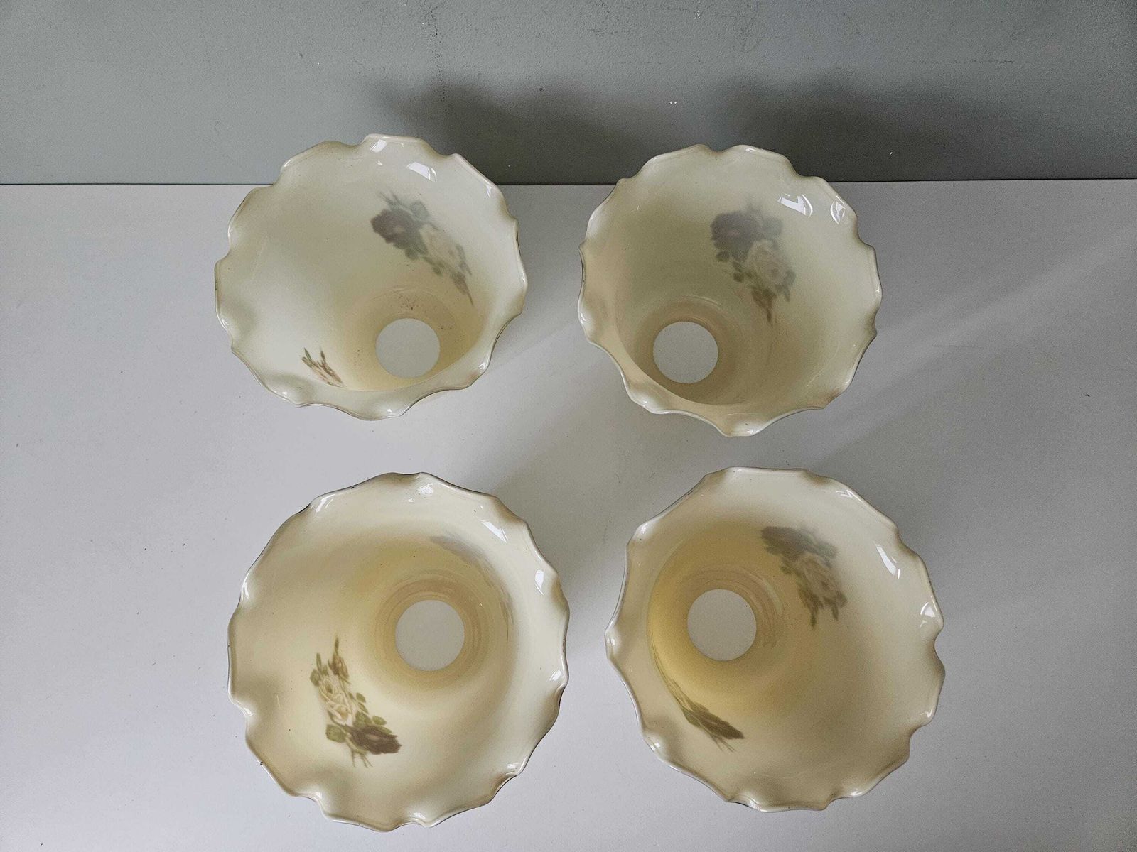 Set Of 4 / Vintage Cream Rose Floral Glass Lamp Shades Set, Cottagecore Lighting Decor photo vinterior