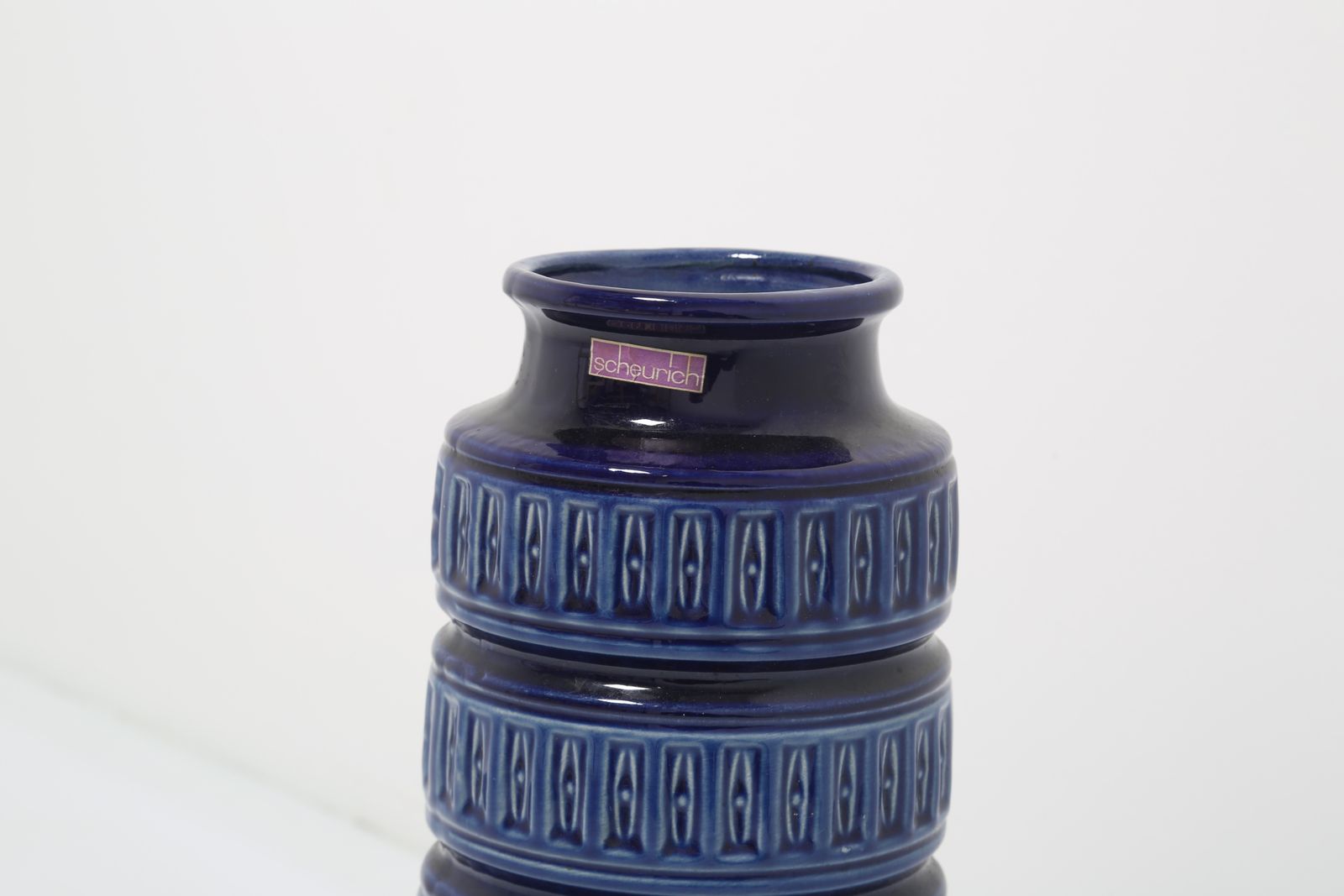 Mid Century Modern Scheurich Cobalt Blue Geometric Relief Floor Vase, West Germany, 40cm photo Home Decor