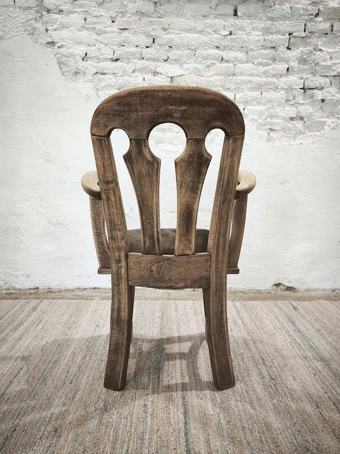 Dutch Brutalist Solid Oak Armchair With Reupholstered Leather Seat, 1970s photo vinterior