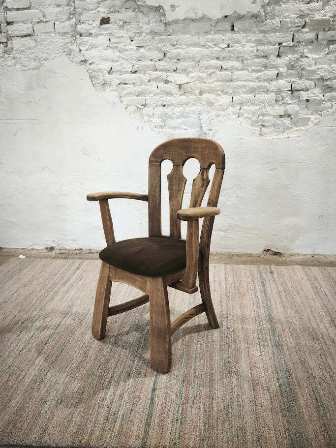 Nederlandse Brutalistische Massief Eiken Fauteuil met Opnieuw Bekleed Leren Zitting, jaren 1970 photo vintage