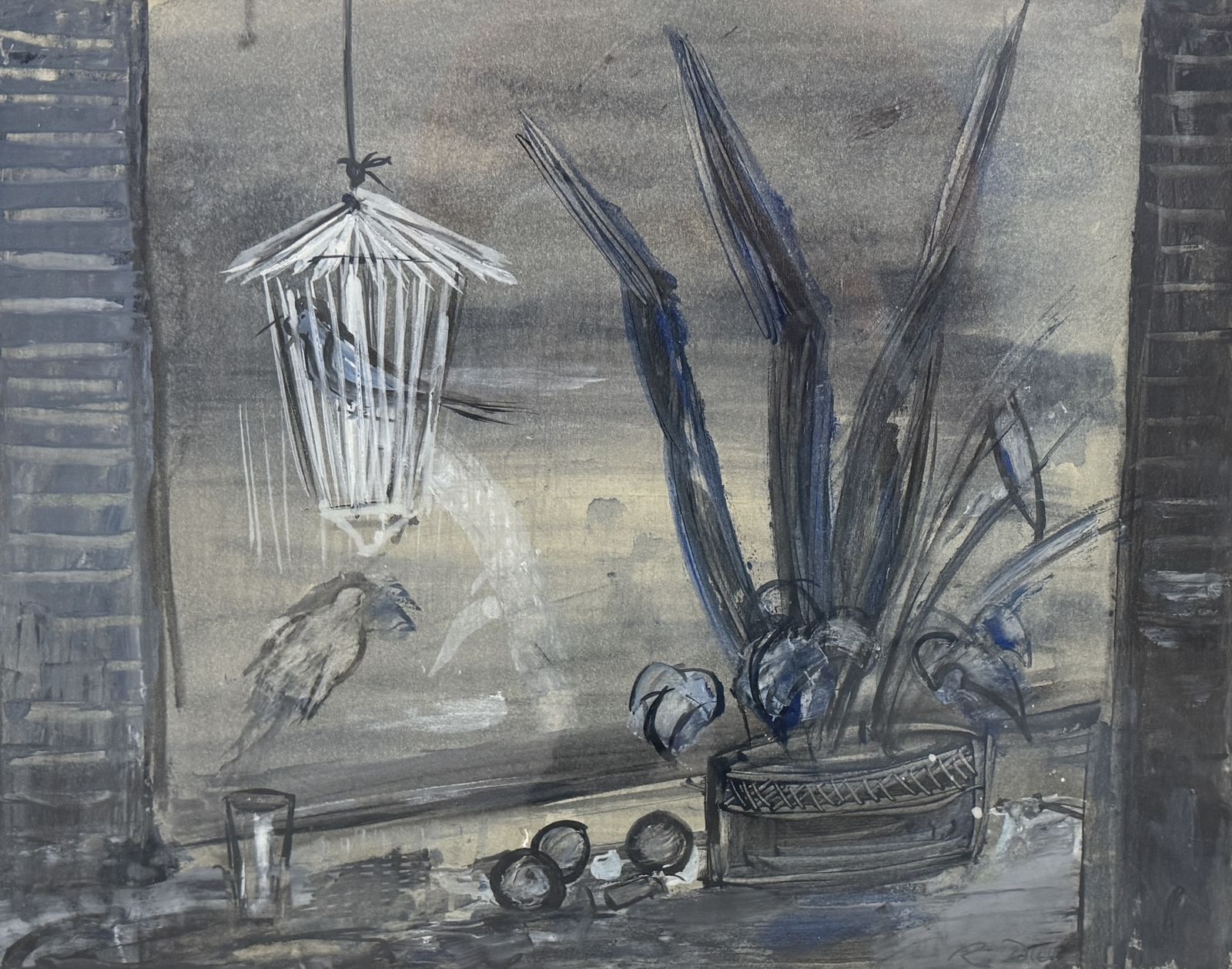Rafael Duran Benet Poetic Interior With Birdcage And Blue Plants, Spanish Modern Art 1970s photo furniture
