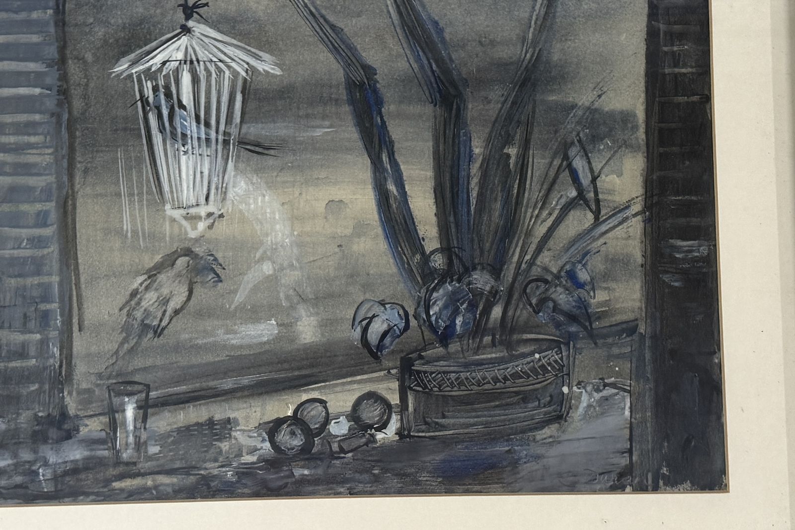 Rafael Duran Benet Poetic Interior With Birdcage And Blue Plants, Spanish Modern Art 1970s photo for sale