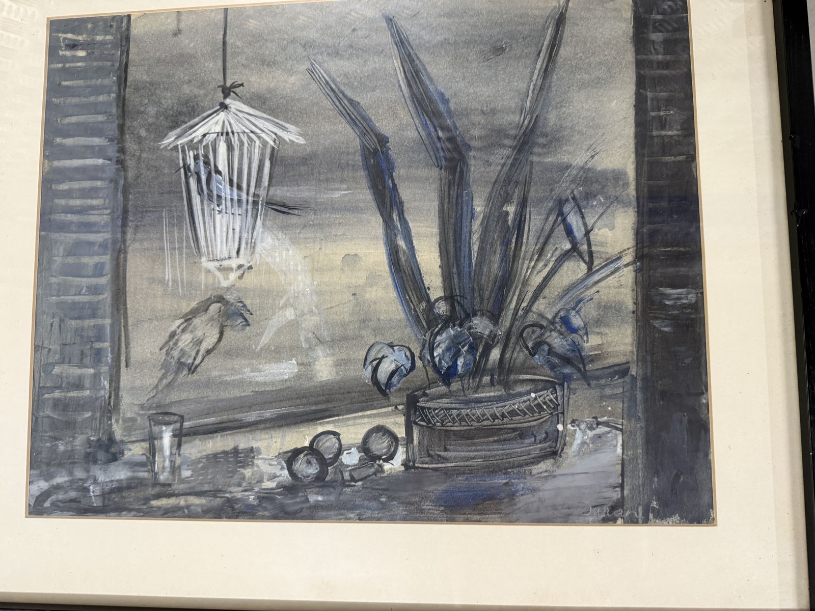 Rafael Duran Benet Poetic Interior With Birdcage And Blue Plants, Spanish Modern Art 1970s photo vintage