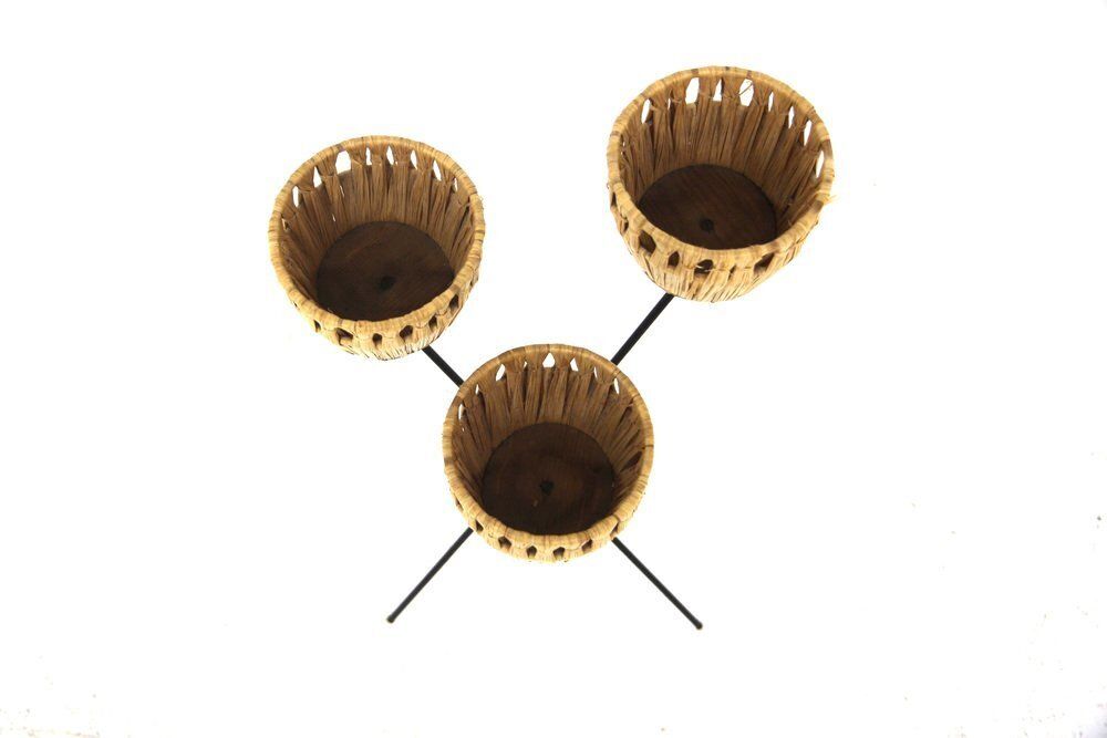 Cache-pot d'intérieur scandinave en métal et paille, Suède, 1960 photo furniture