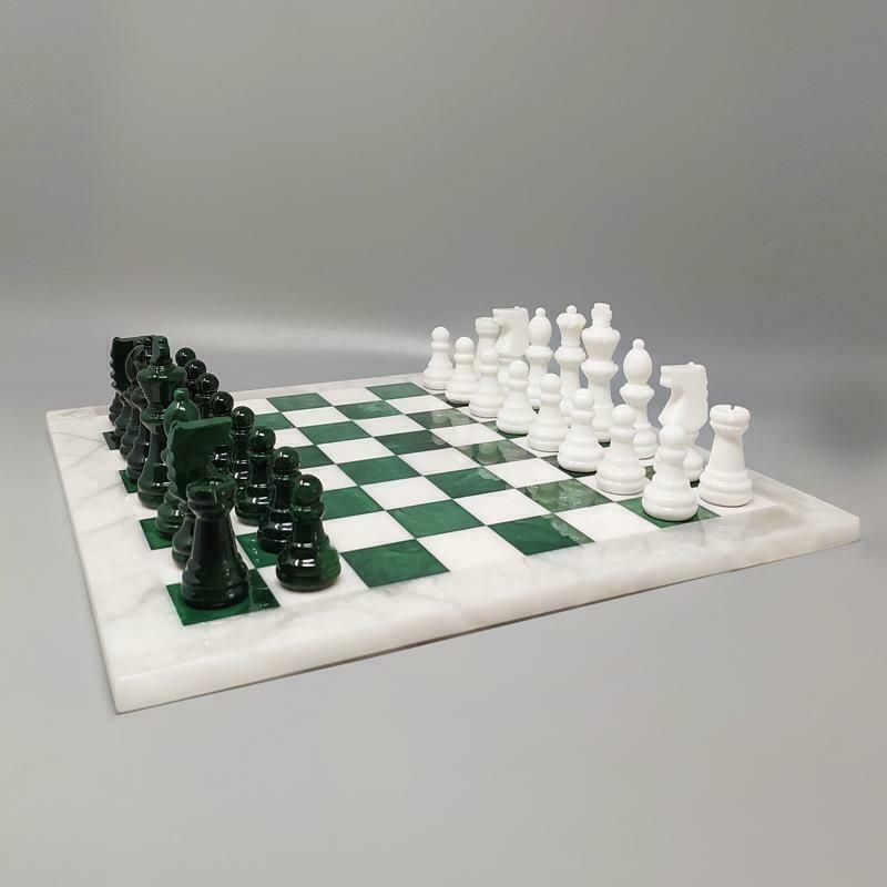 1970s Gorgeous Green And White Chess Set In Volterra Alabaster Handmade Made In Italy photo for sale