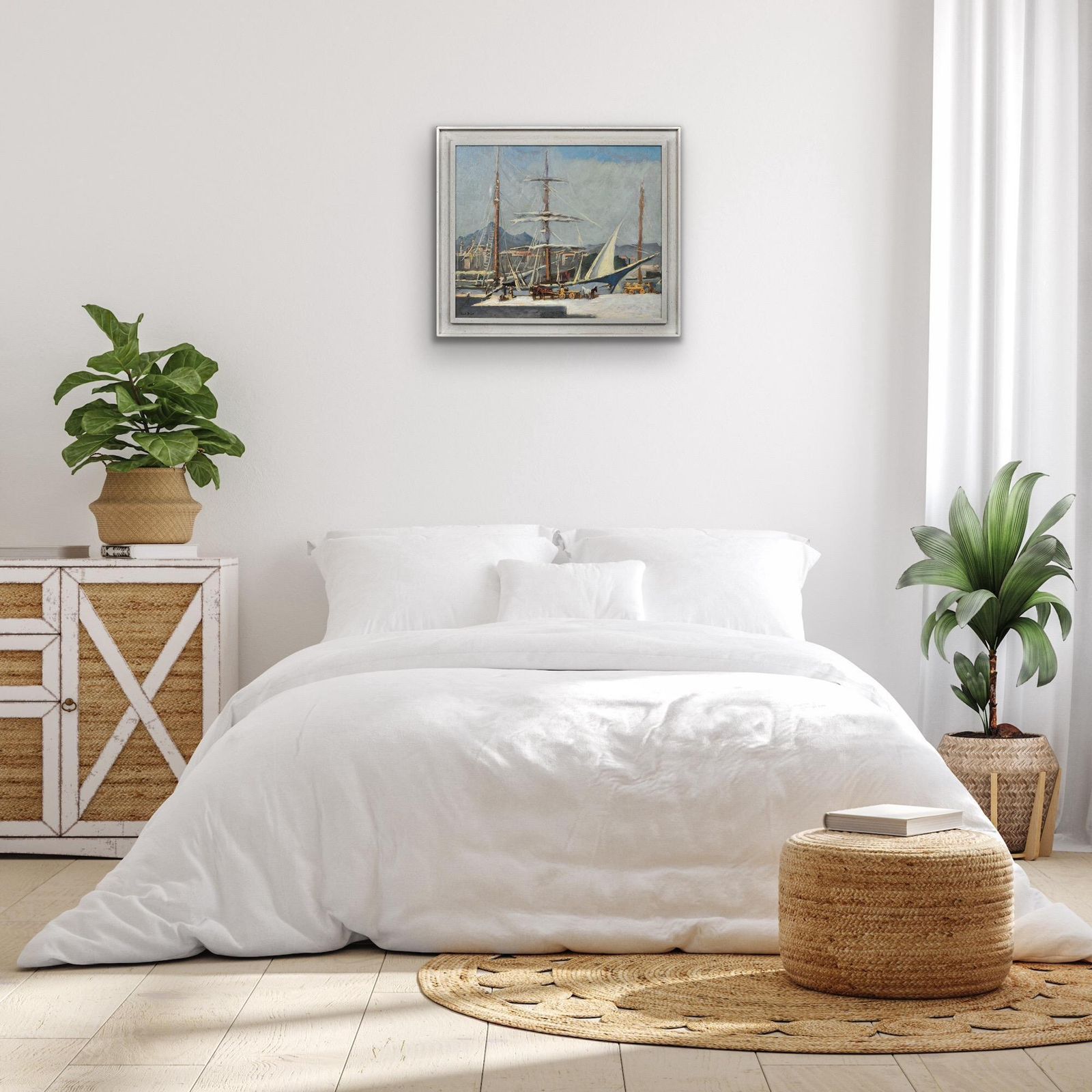 photo furniture Paul Bret, 1902-1956. Déchargement et chargement de navires, port de Palerme, Sicile, Italie. Huile sur toile encadrée, années 1930.