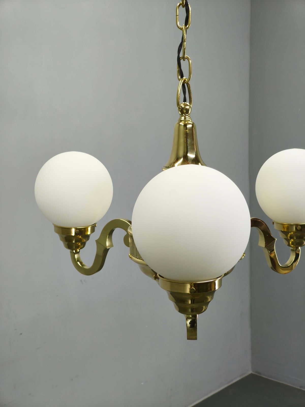 1930s Czech Neo Baroque Brass Chandelier With Opaline Glass Globes photo vinterior