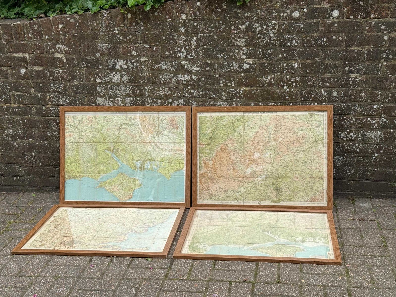 Set Of Four Large Vintage Framed Ordnance Survey Maps Southern England photo furniture