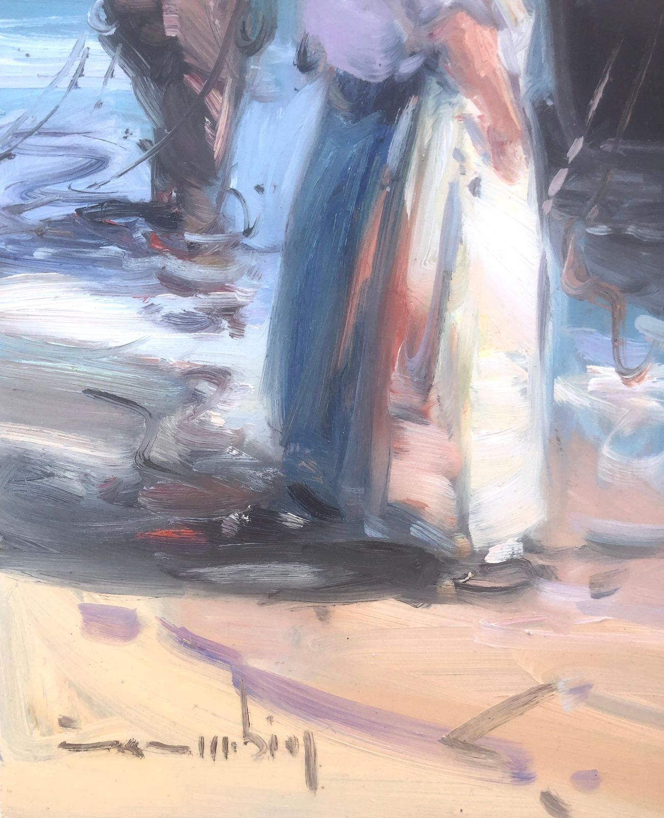 Gabriel Casarrubios Mediterrane vissers die terugkeren naar de kust – Spaans impressionistisch schilderij in olieverf, ca. 2000 photo vintage