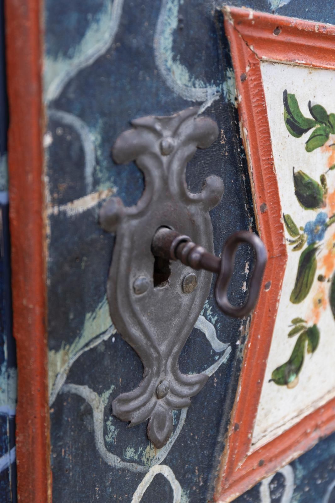 Antique Hand Painted Baroque Chest Folk Art Cabinet Dated Solid Wood Central Europe, 1865 photo vintage
