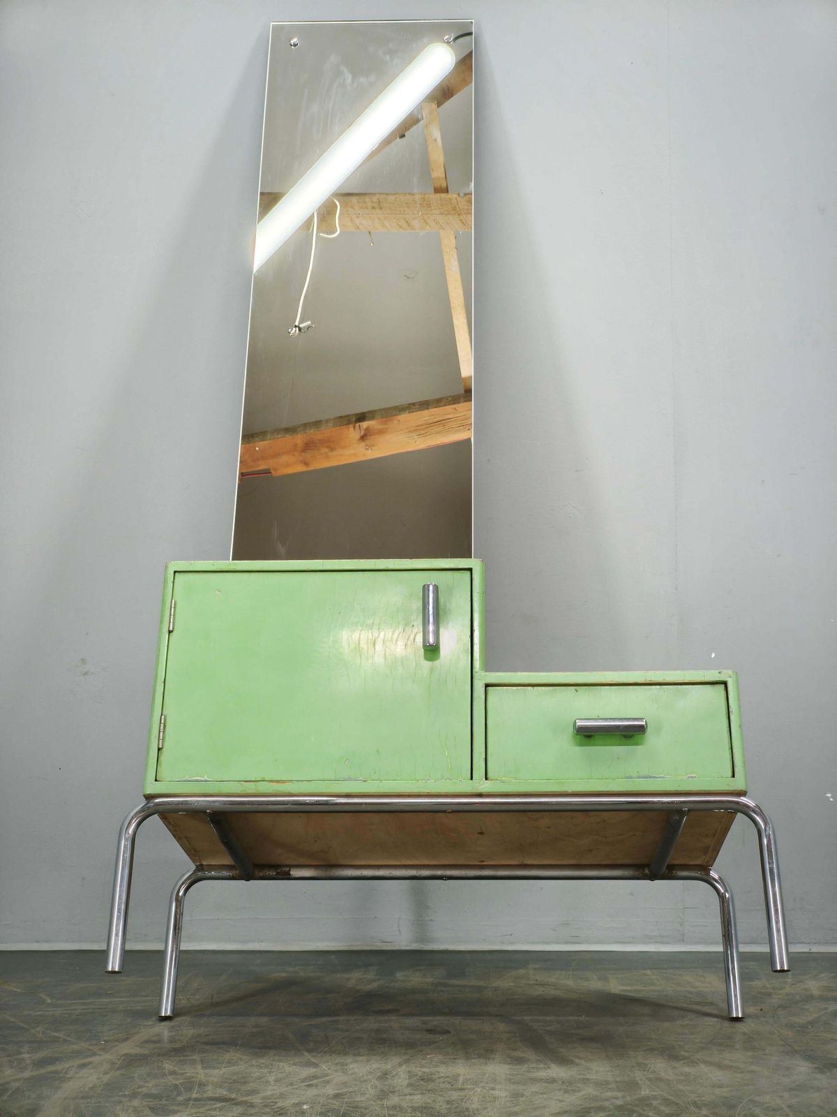 Bauhaus Czech Green Vanity Table With Mirror And Chrome Frame, 1930 photo for sale
