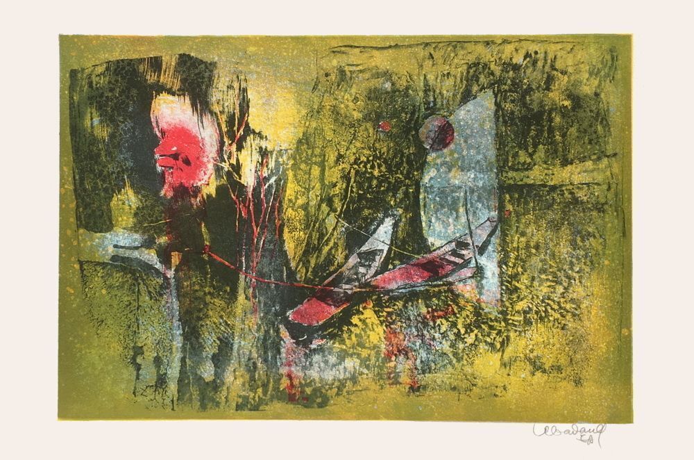 Dang Lebadang Gesigneerde Lithografie Paysage Du Vietnam Barque Au Clair De Lune 1975