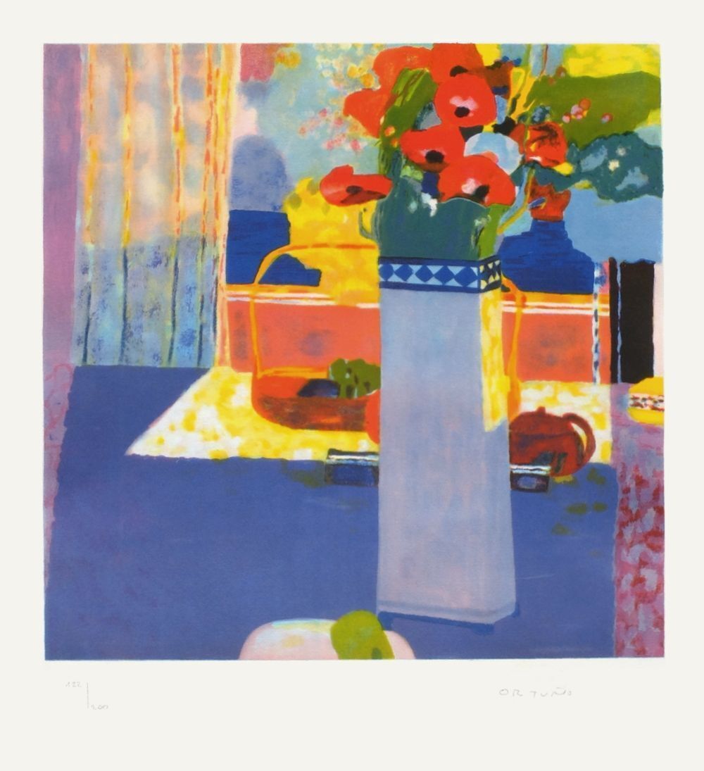 Roberto Ortuno Gesigneerde Lithografie Vase De Fleurs 1985