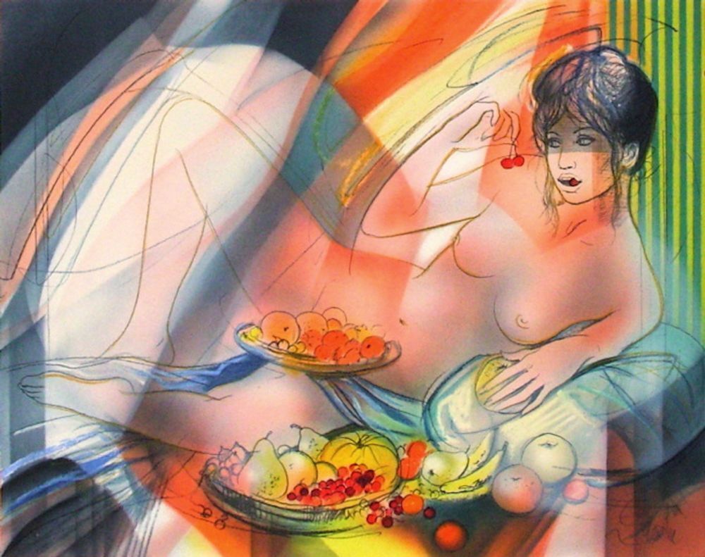 Lithographie signée Jean Baptiste Valadié, Pêchés Capitaux : La Gourmandise 2002