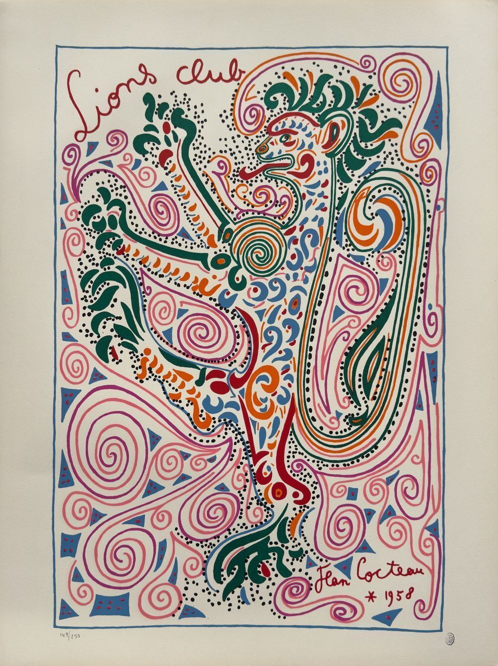 Jean Cocteau Lithograph Lions Club 1958