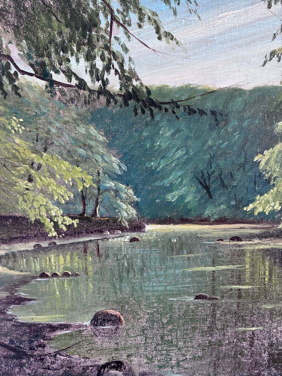 Vintage Woodland Lake Oil Painting, Forest Landscape photo furniture