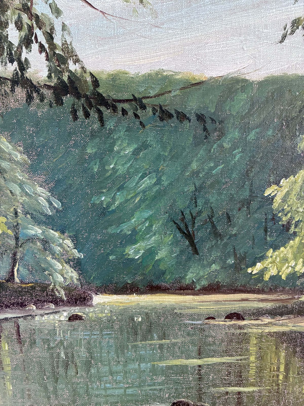 Peinture à l'huile vintage, lac en forêt, paysage forestier photo vintage