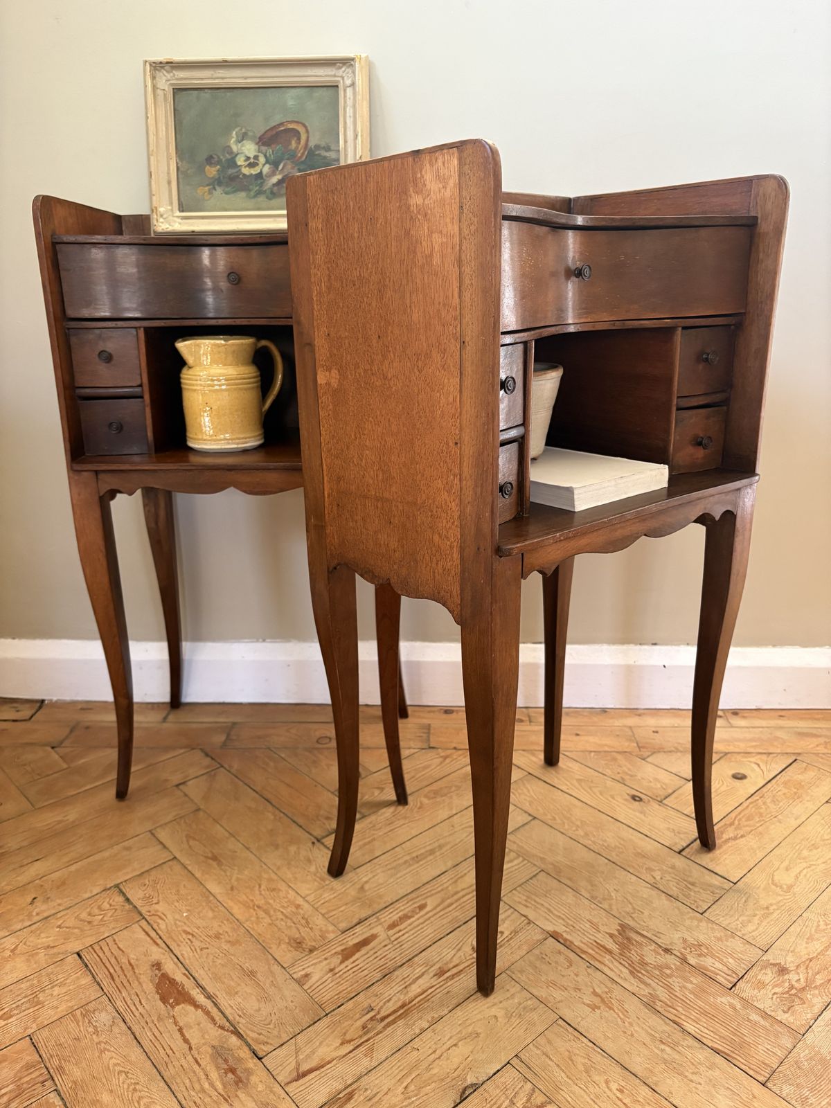 Furniture A Pair Of French Walnut Bedside Tables photo