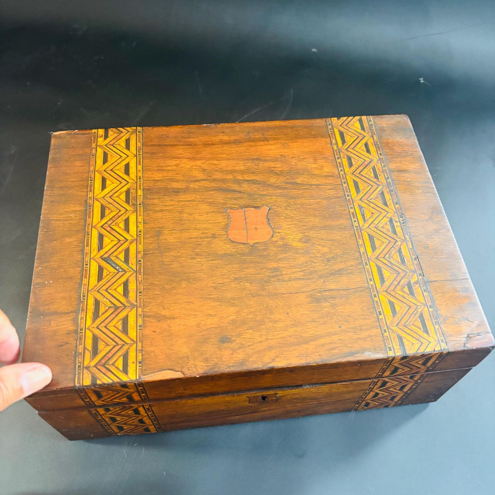 Antique Victorian Walnut Keepsake Box, Tunbridge Ware Inlaid Wooden Memory Chest, 19th Century Storage Box, Unique Upcycled Gift. photo for sale
