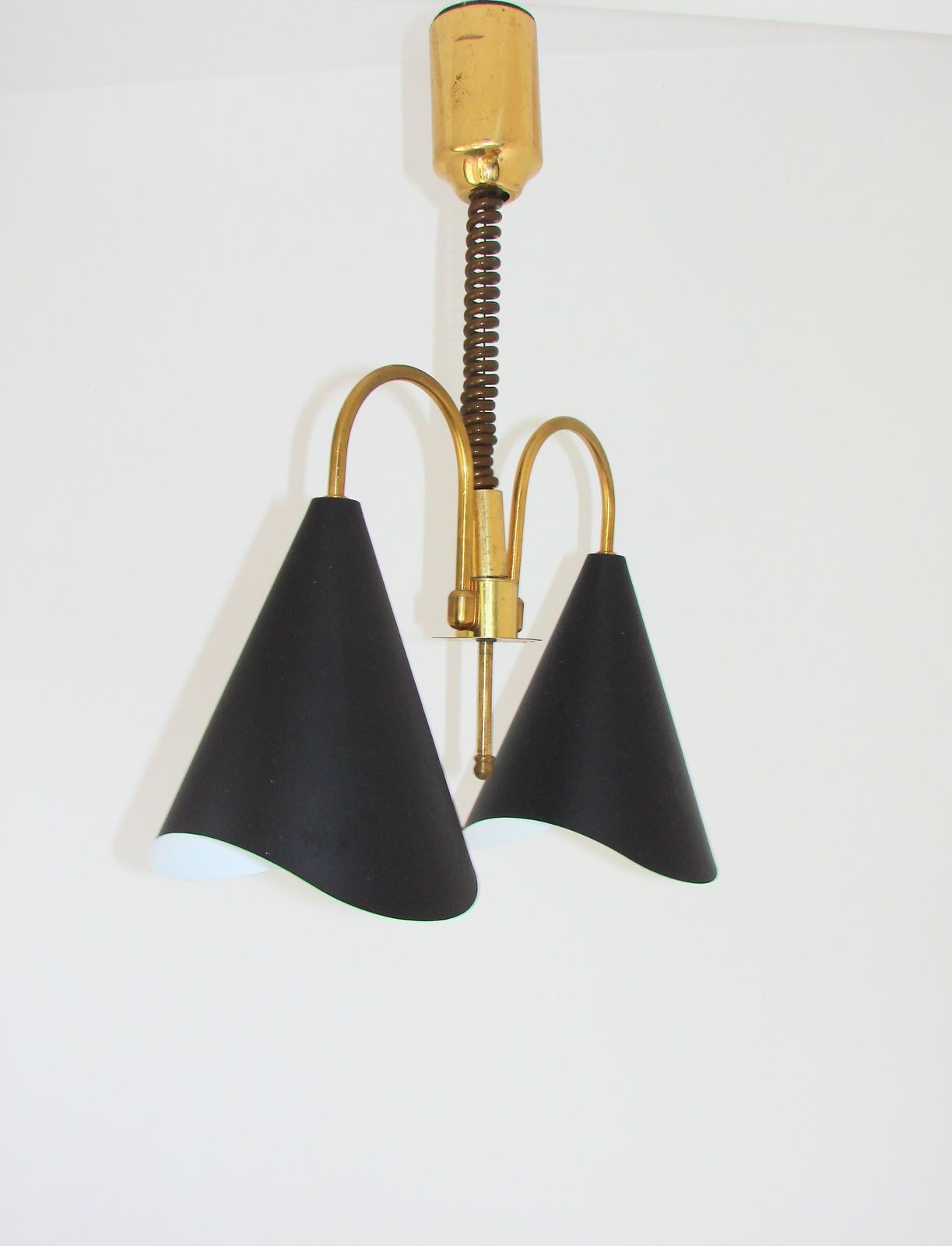 photo for sale Mid Century Modern Pendant Light, Brass And Metal, 1970s.