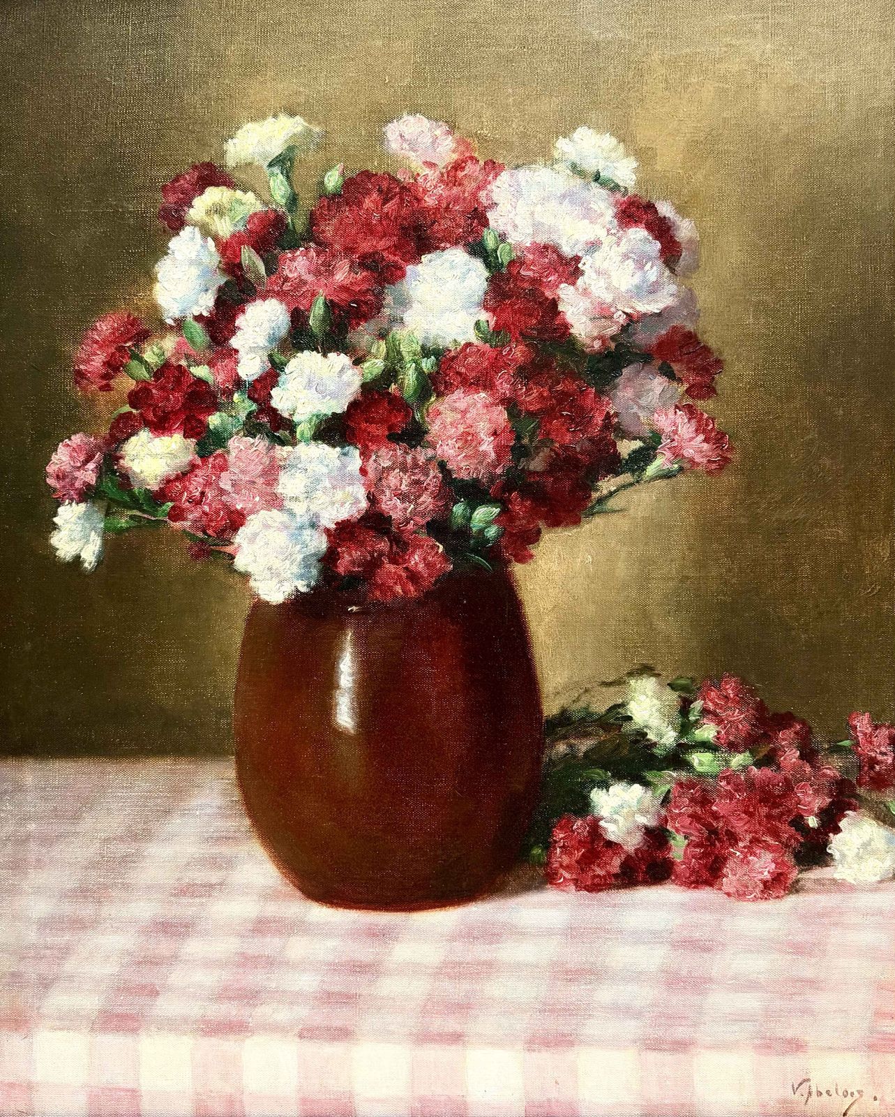 'Bouquet Of Carnations On A Gingham Tablecloth' door Victor Abeloos (1881 – 1965) photo furniture