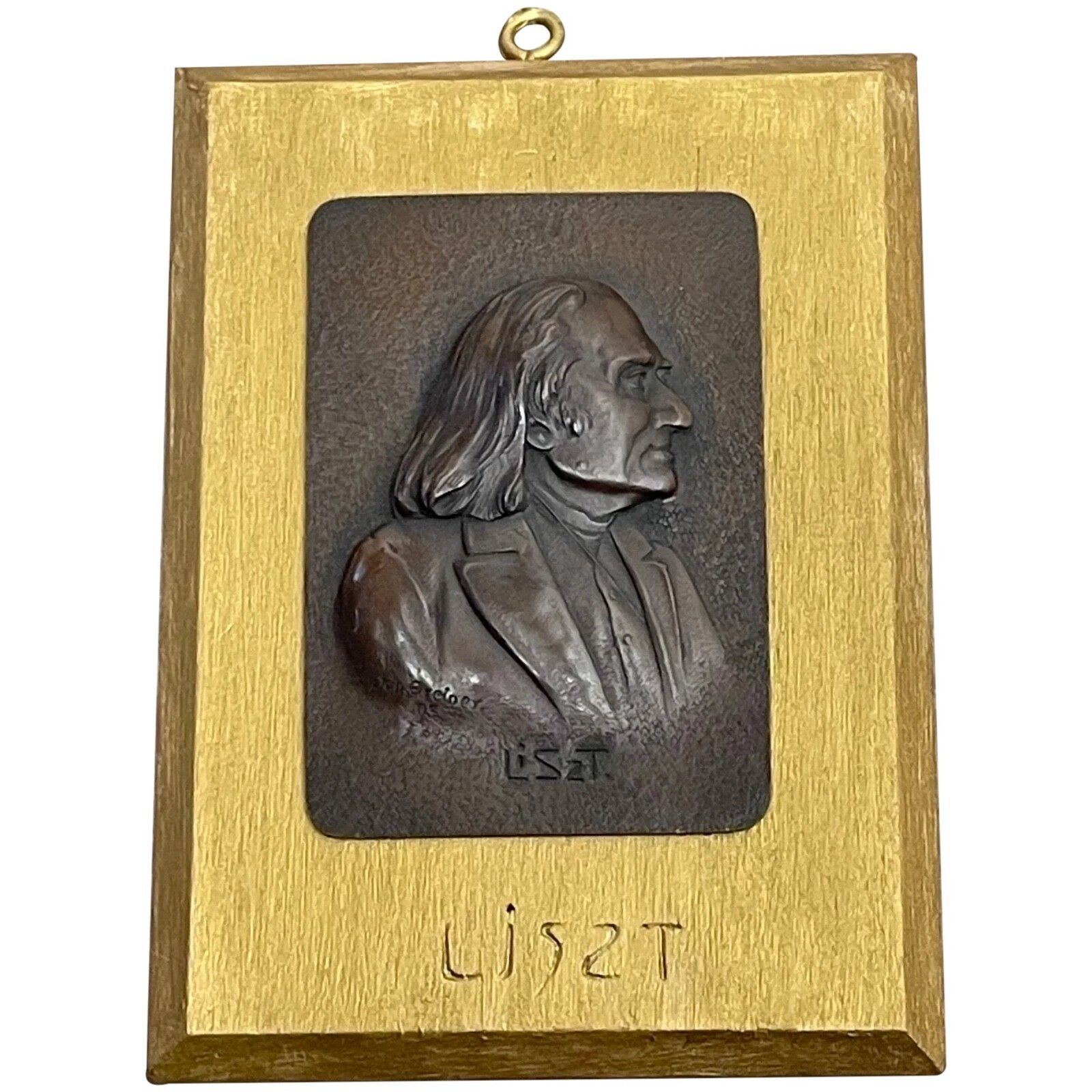 Antiek bronzen sculptuur Franz Liszt "Music Pianist Composer" wandplaquette, gesigneerd