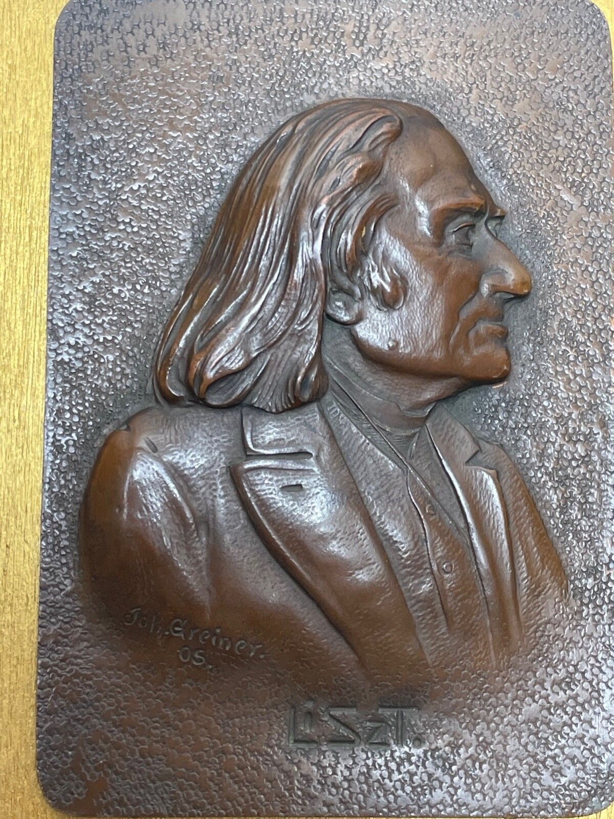 Antiek bronzen sculptuur Franz Liszt "Music Pianist Composer" wandplaquette, gesigneerd photo Kunst