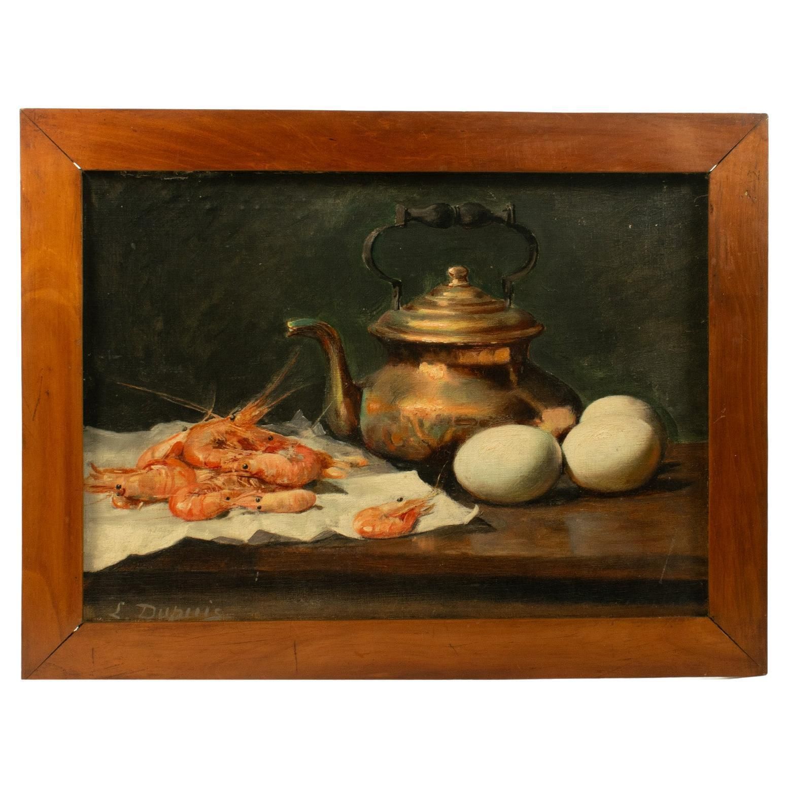 « Composition avec crevettes et œufs » L. Dupuis, huile sur panneau, XIXe siècle
