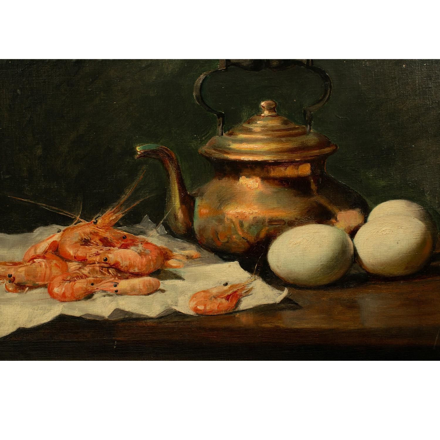 « Composition avec crevettes et œufs » L. Dupuis, huile sur panneau, XIXe siècle photo Art