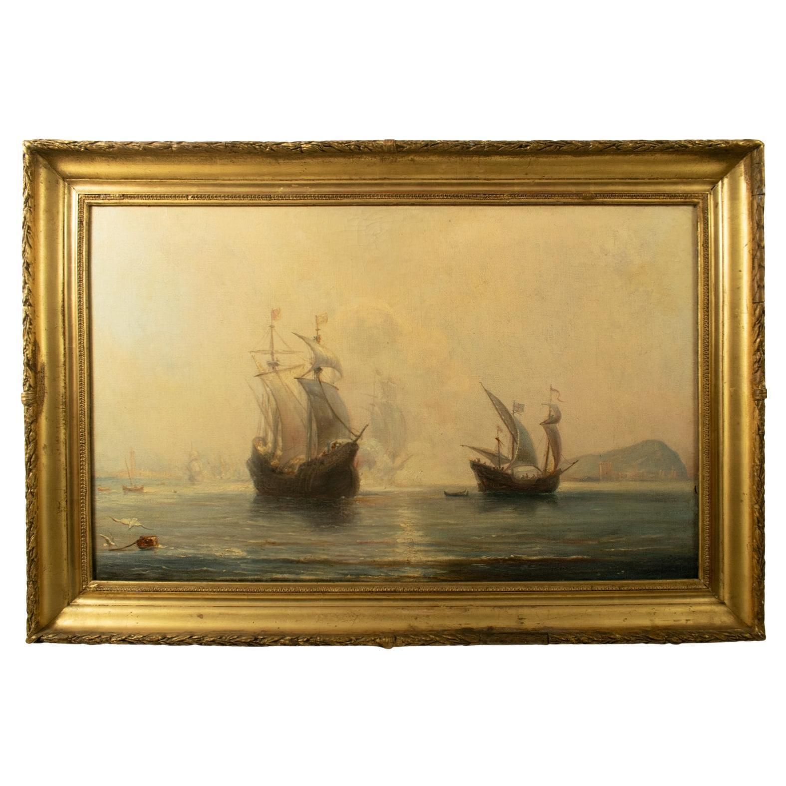 French School, 19th Century, Oil On Canvas   Spanish Galleons At Anchor In A Bay