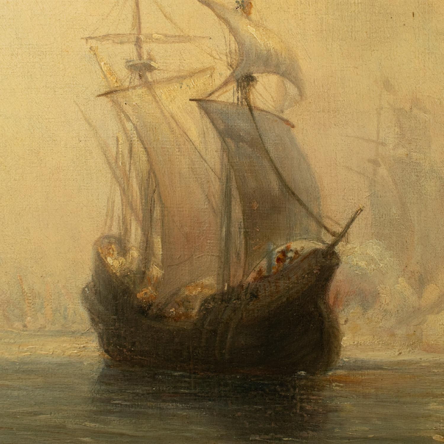École française, XIXe siècle, huile sur toile   Galions espagnols à l'ancre dans une baie photo Art