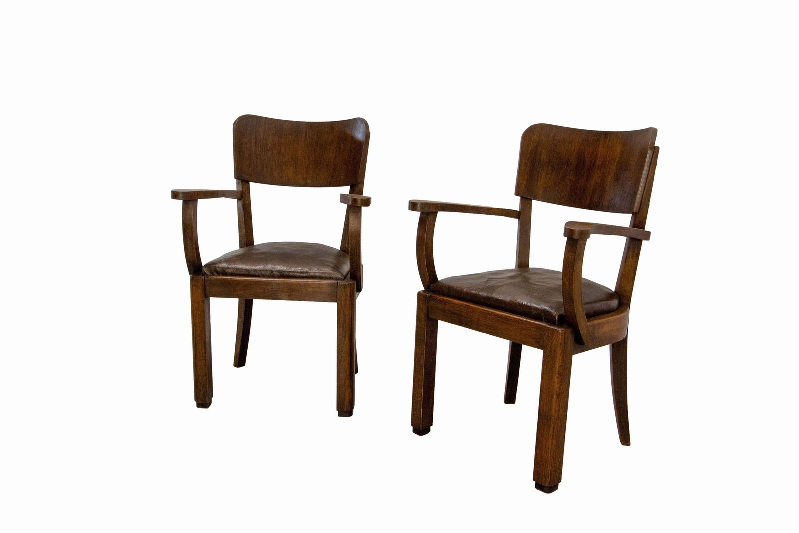 Antique Pair Beech Armchair Leather & Wood French, Circa 1940 photo for sale