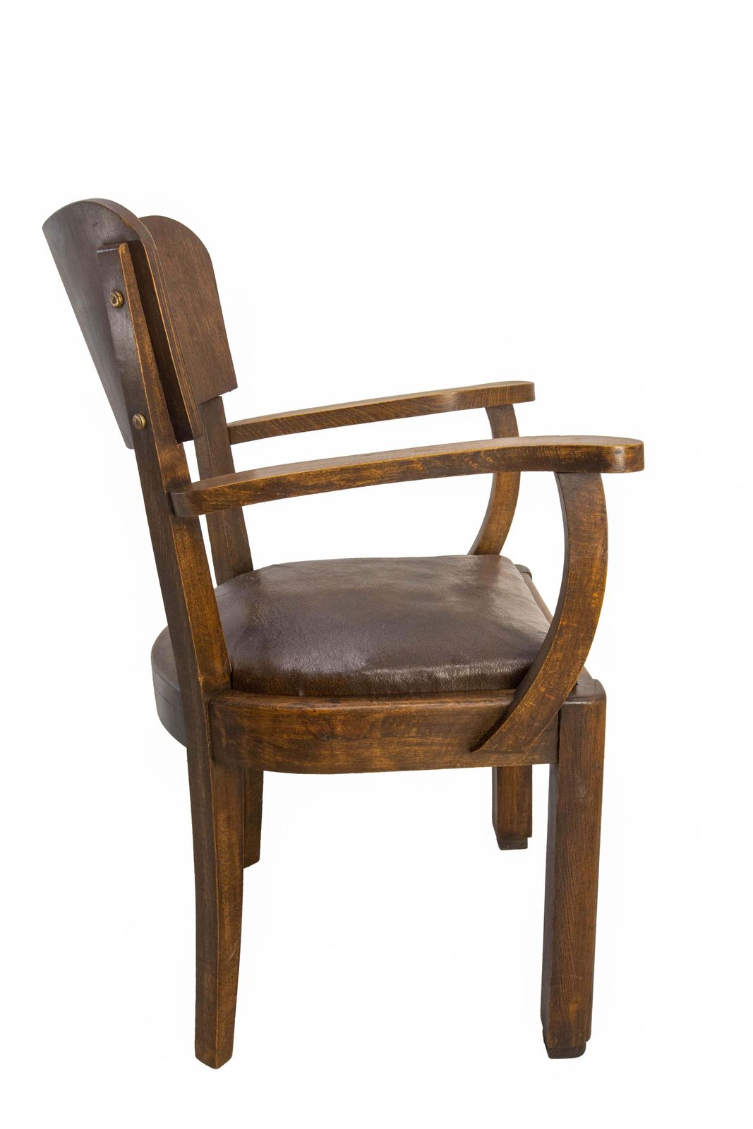 Antique Pair Beech Armchair Leather & Wood French, Circa 1940 photo vinterior