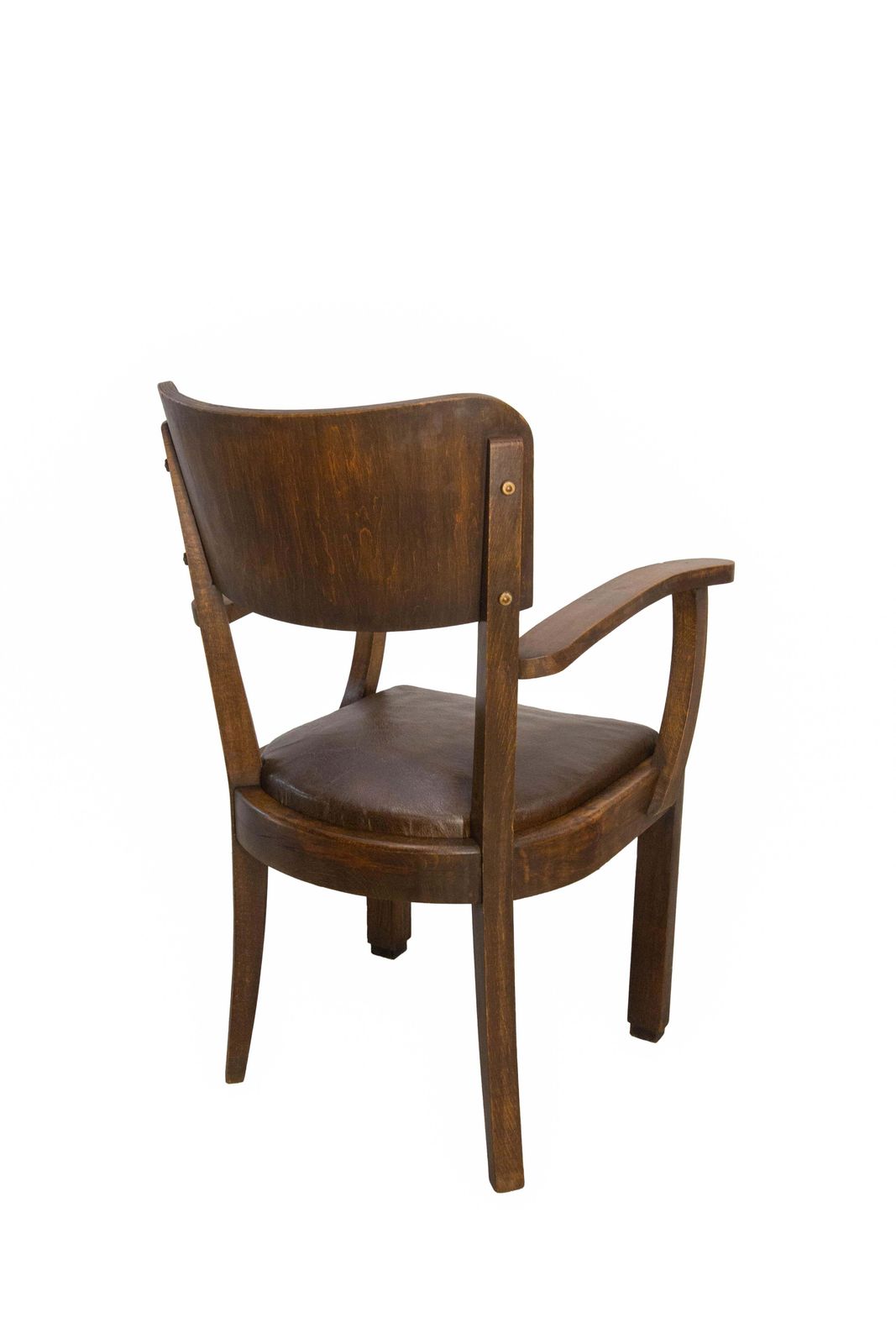 Antique Pair Beech Armchair Leather & Wood French, Circa 1940 photo vintage