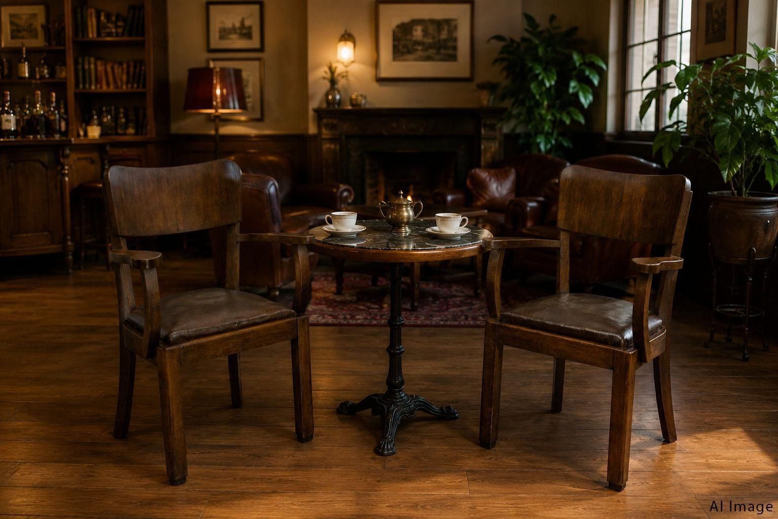 photo vinterior Antique Pair Beech Armchair Leather & Wood French, Circa 1940
