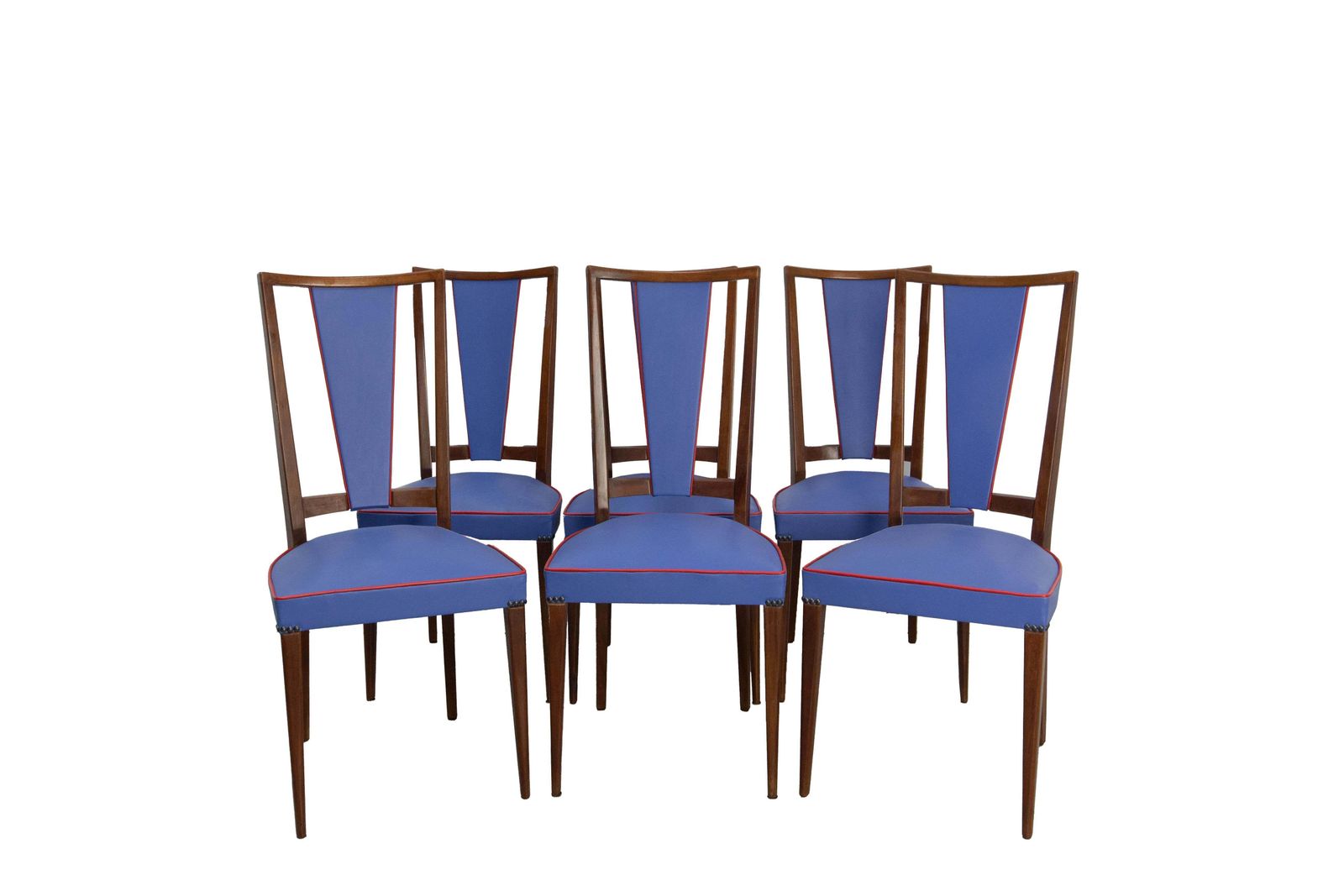 Zes eetkamerstoelen met blauwe bekleding en rode bies – teakhouten frame en skai – mid-century Frans, ca. 1960 photo furniture