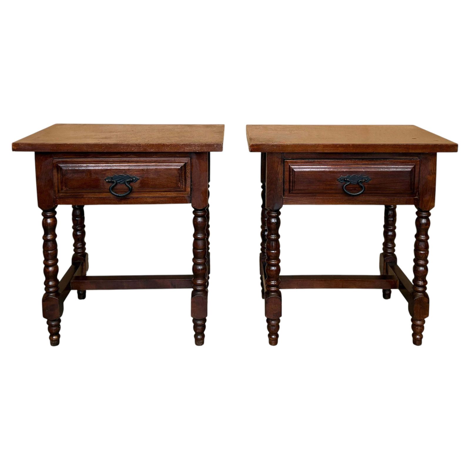 Pair Of Spanish Solid Wood Nightstands With Turned Legs And Single Drawer photo furniture