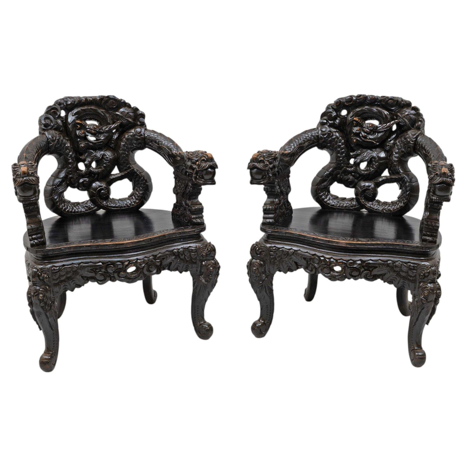 Pair Of Chinese Qing Dynasty Carved Dragon Armchairs, Ebonized Hardwood