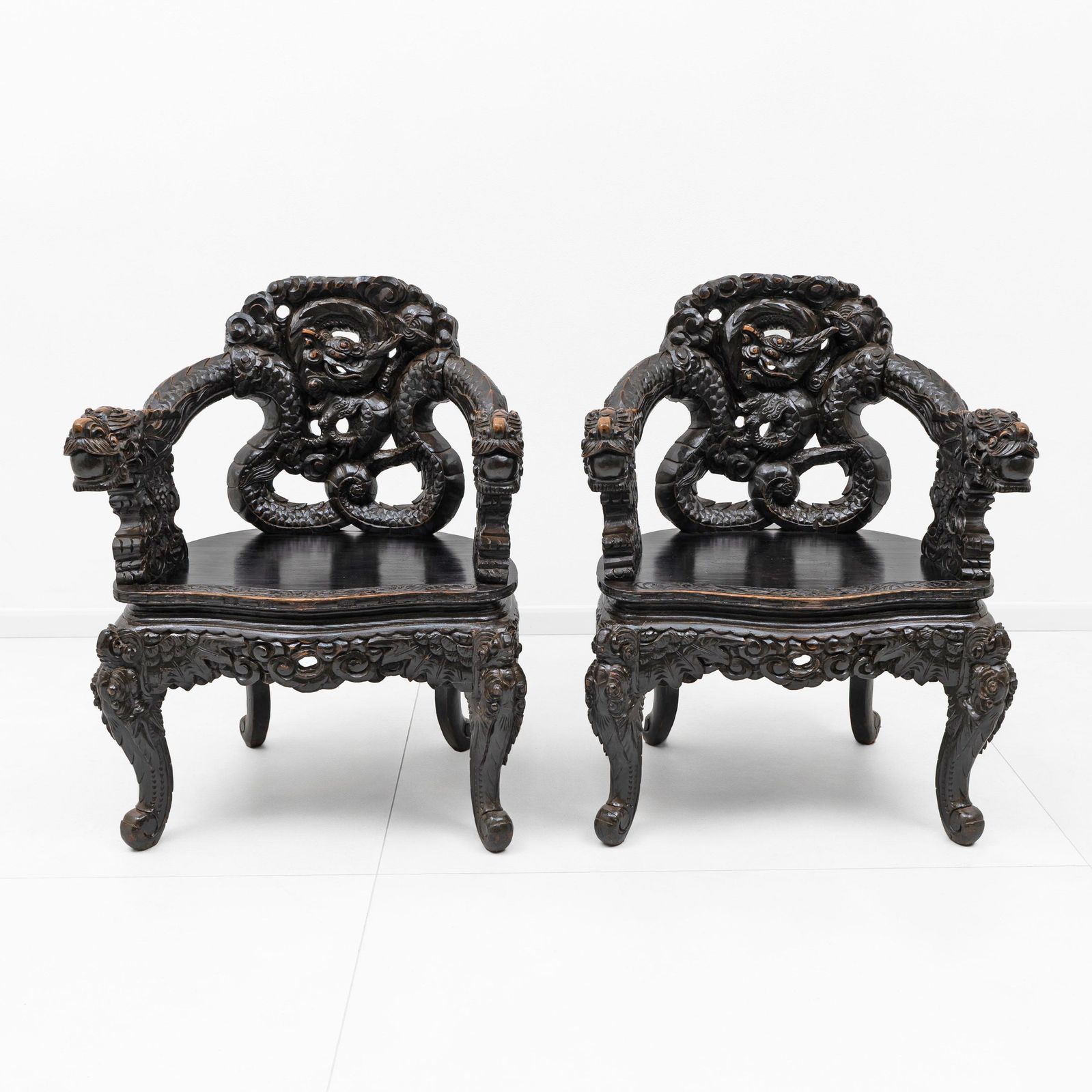 Pair Of Chinese Qing Dynasty Carved Dragon Armchairs, Ebonized Hardwood photo Furniture