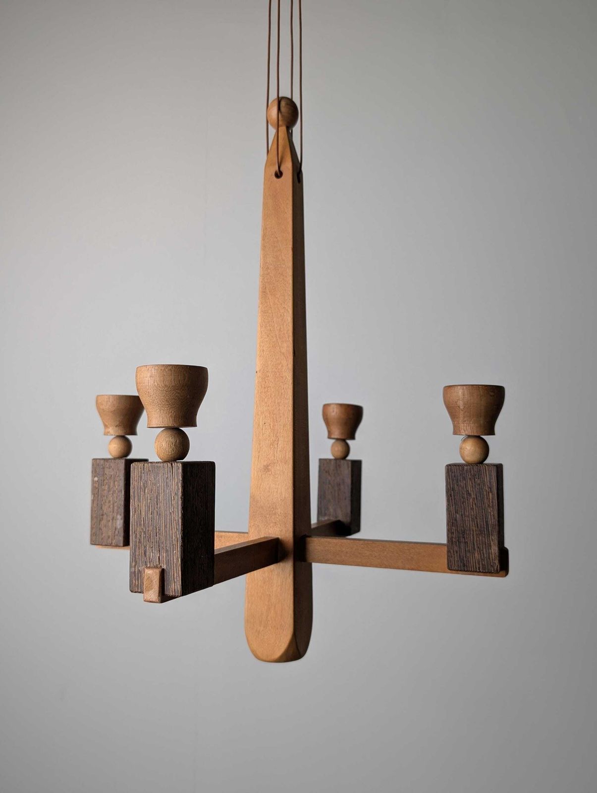 photo for sale Danish Art Deco Style Wooden Candle Chandelier, 1970s