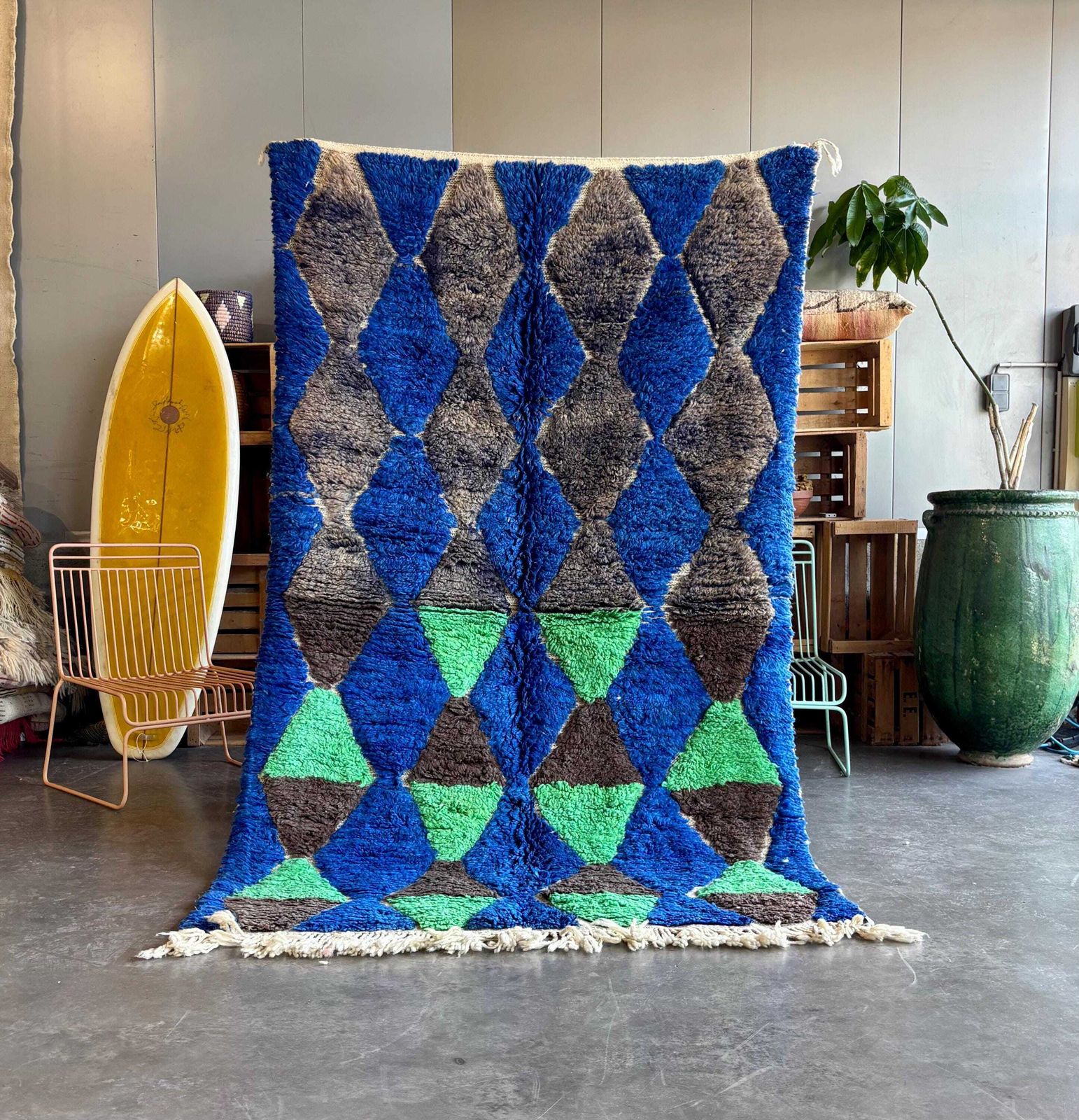 Marokkaans modern wollen vloerkleed 150x250 cm – Handgemaakt wollen Berber-kleed – Blauw geometrisch kleed – Modern Marokkaans tapijt – Luxe Berber-vloerkleed