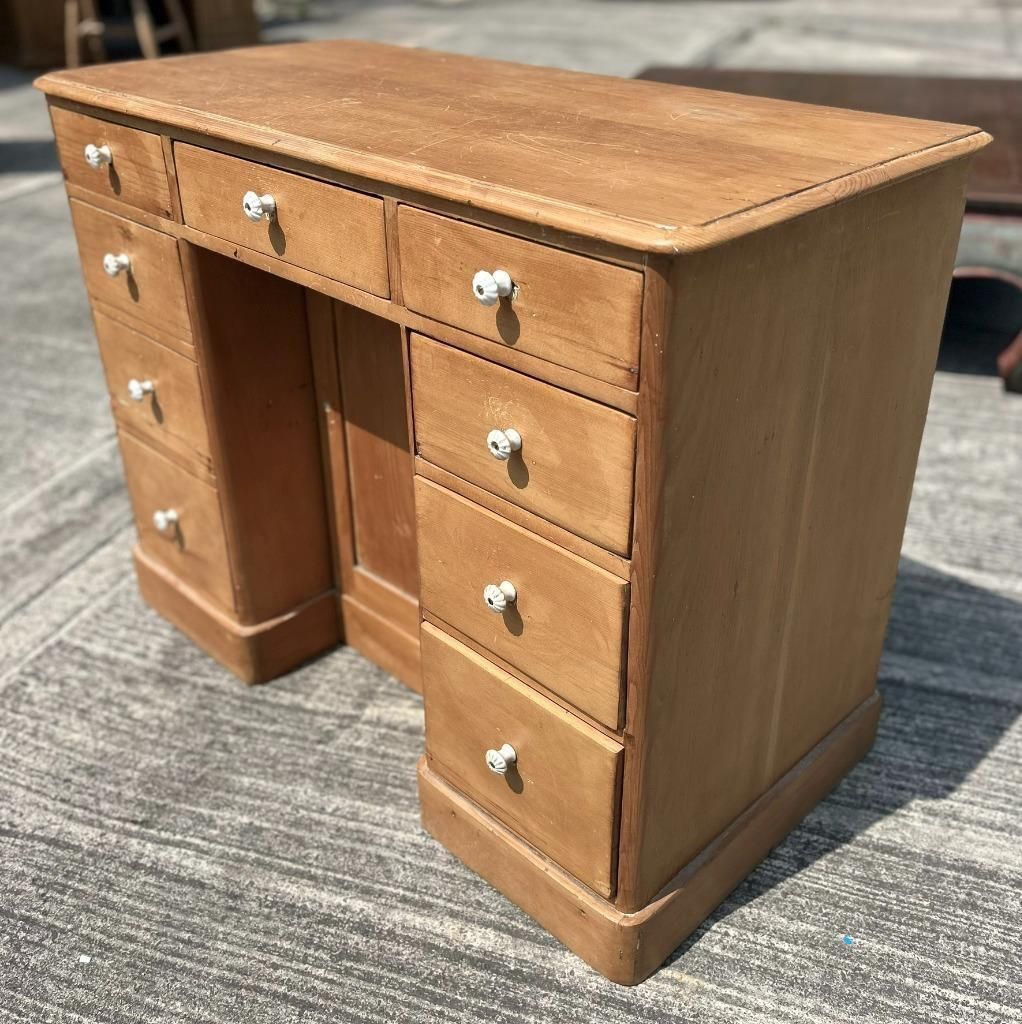 Antique Victorian Pine Kneehole Writing Office Desk With Central Cupboard photo for sale