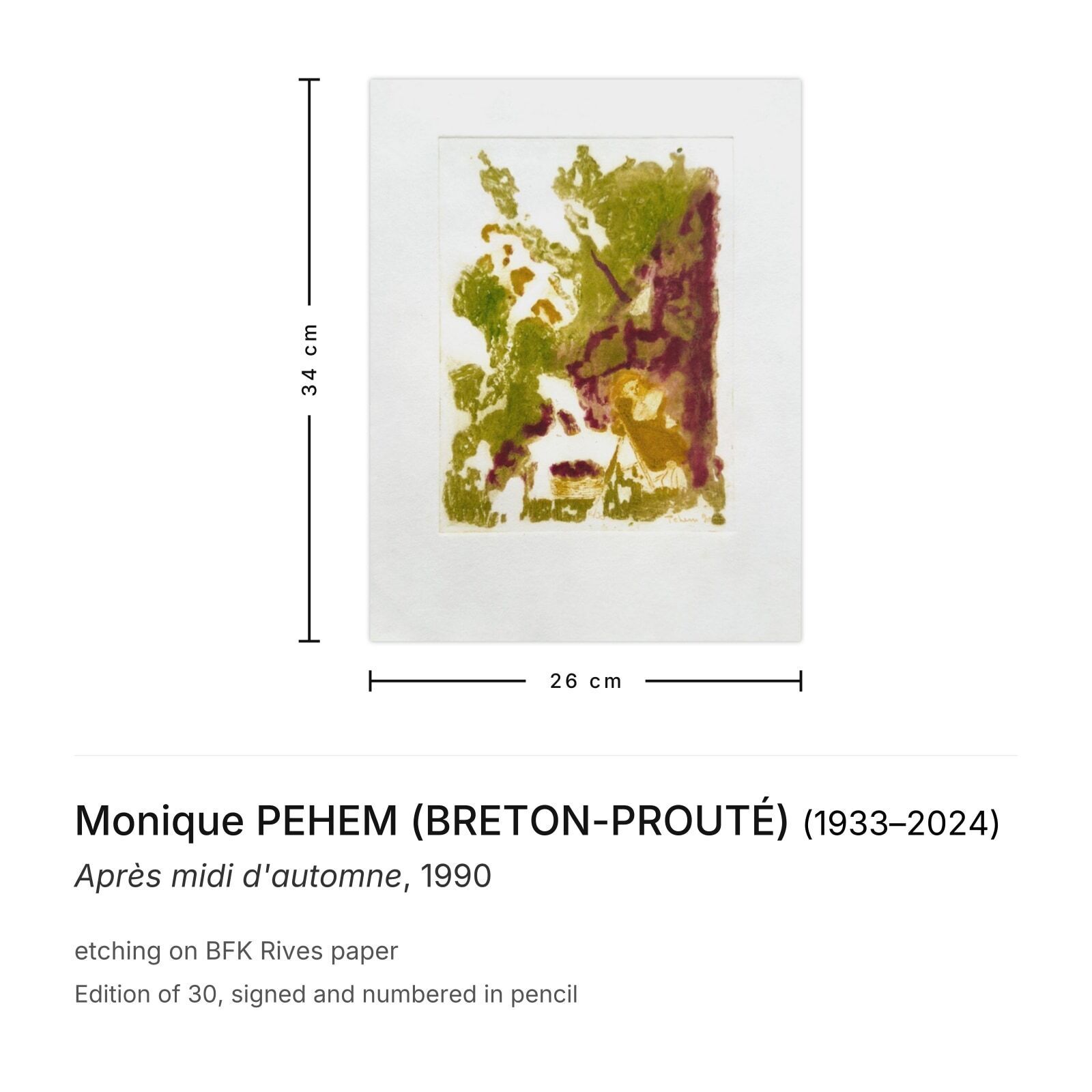 Monique Pehem (Breton Prouté) Signed Etching Après Midi D'automne 1990 photo furniture