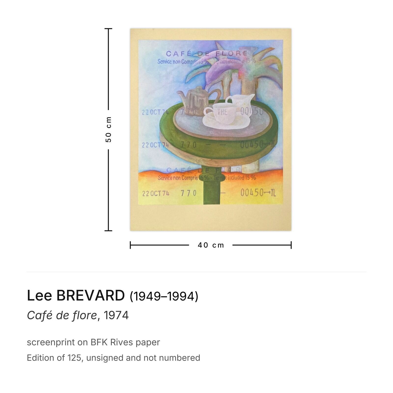 Lee Brevard Screenprint Café De Flore 1974 photo furniture