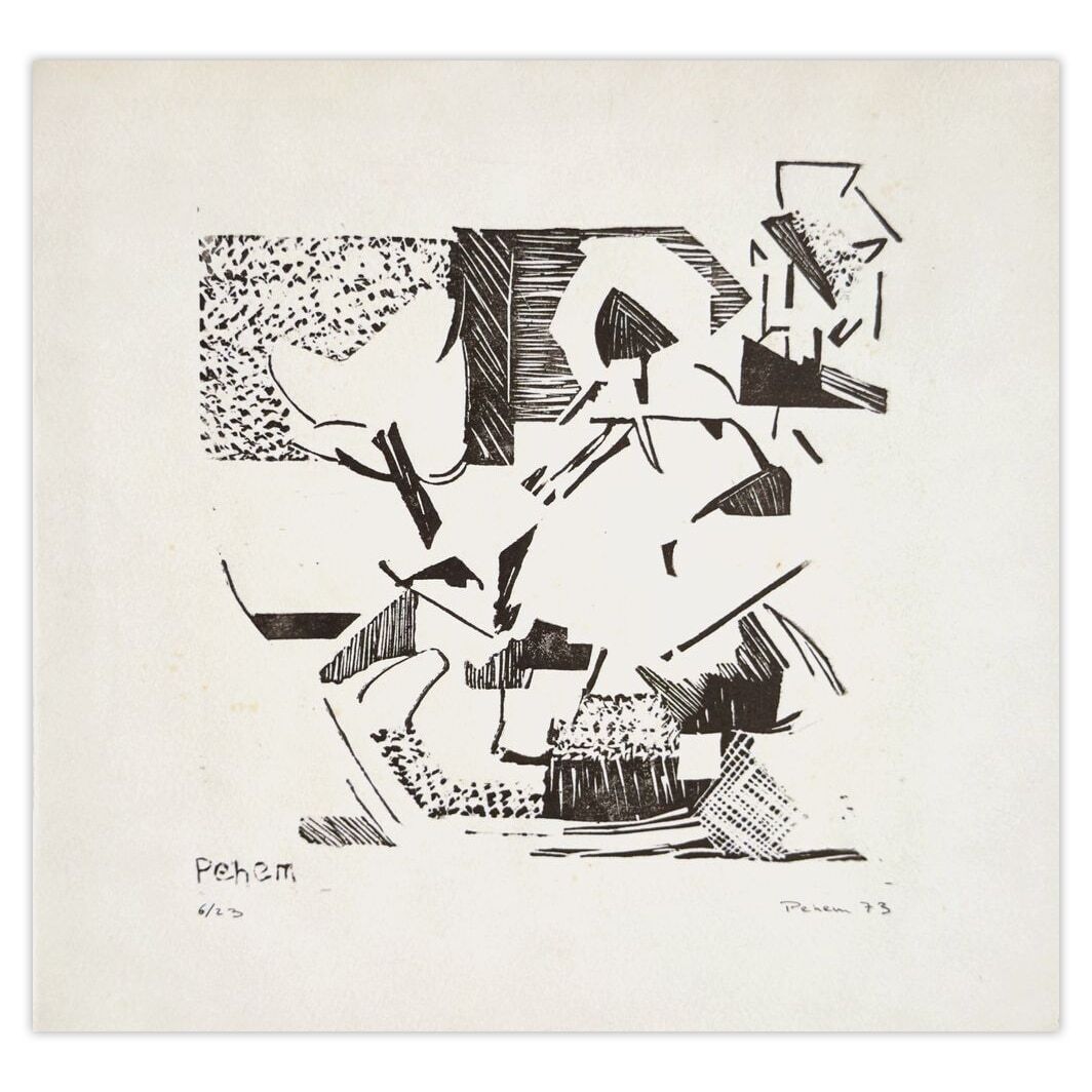 Monique Pehem (Breton Prouté) Gesigneerde Linosnede Bouquet De Cyclamens 1973