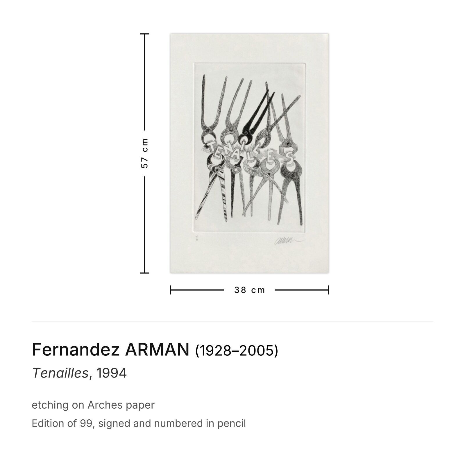 Eau-forte signée Fernandez Arman, Tenailles, 1994 photo furniture