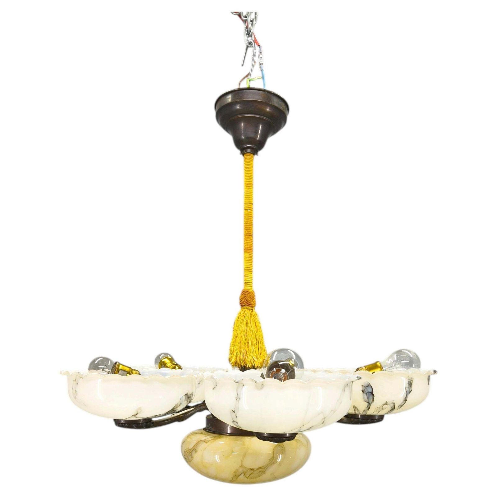 1940s Czech Art Deco Brass Opaline Glass Chandelier