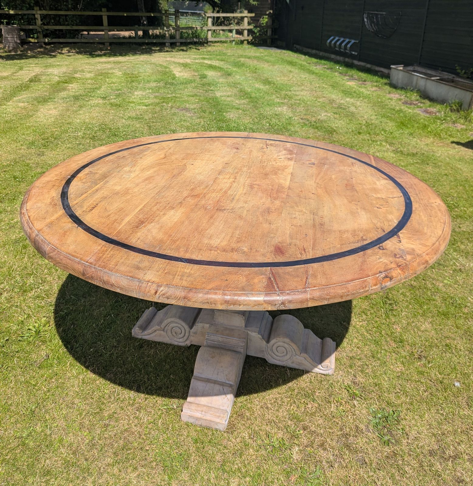 1991.0 Large Vintage Acacia Wood Round Pedestal Table Delivery Available 0334. photo