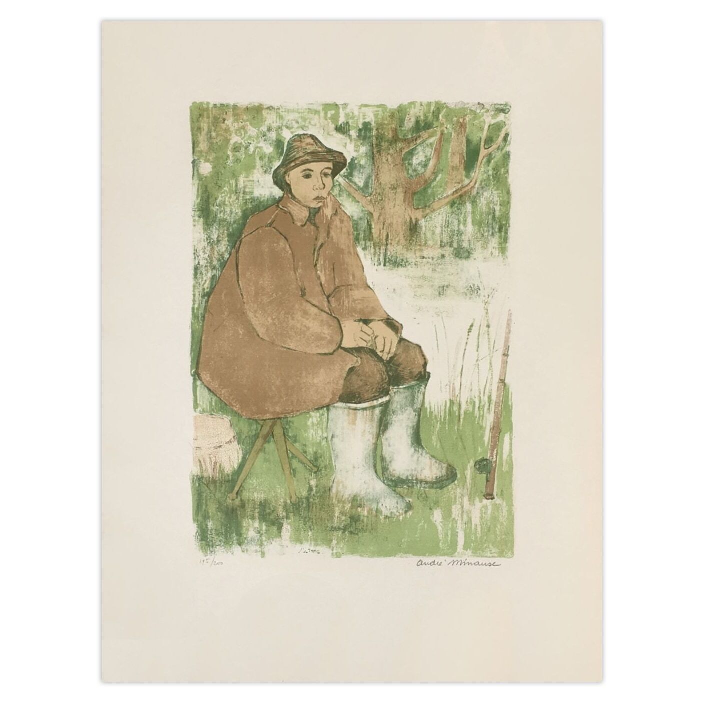 André Minaux Gesigneerde Lithografie Le Pêcheur 1952